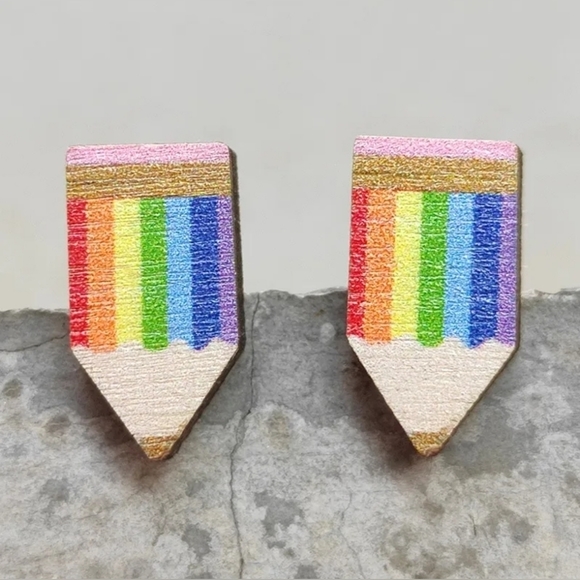 WOODEN rainbow pencil/ crayon earrings new - Picture 2 of 3